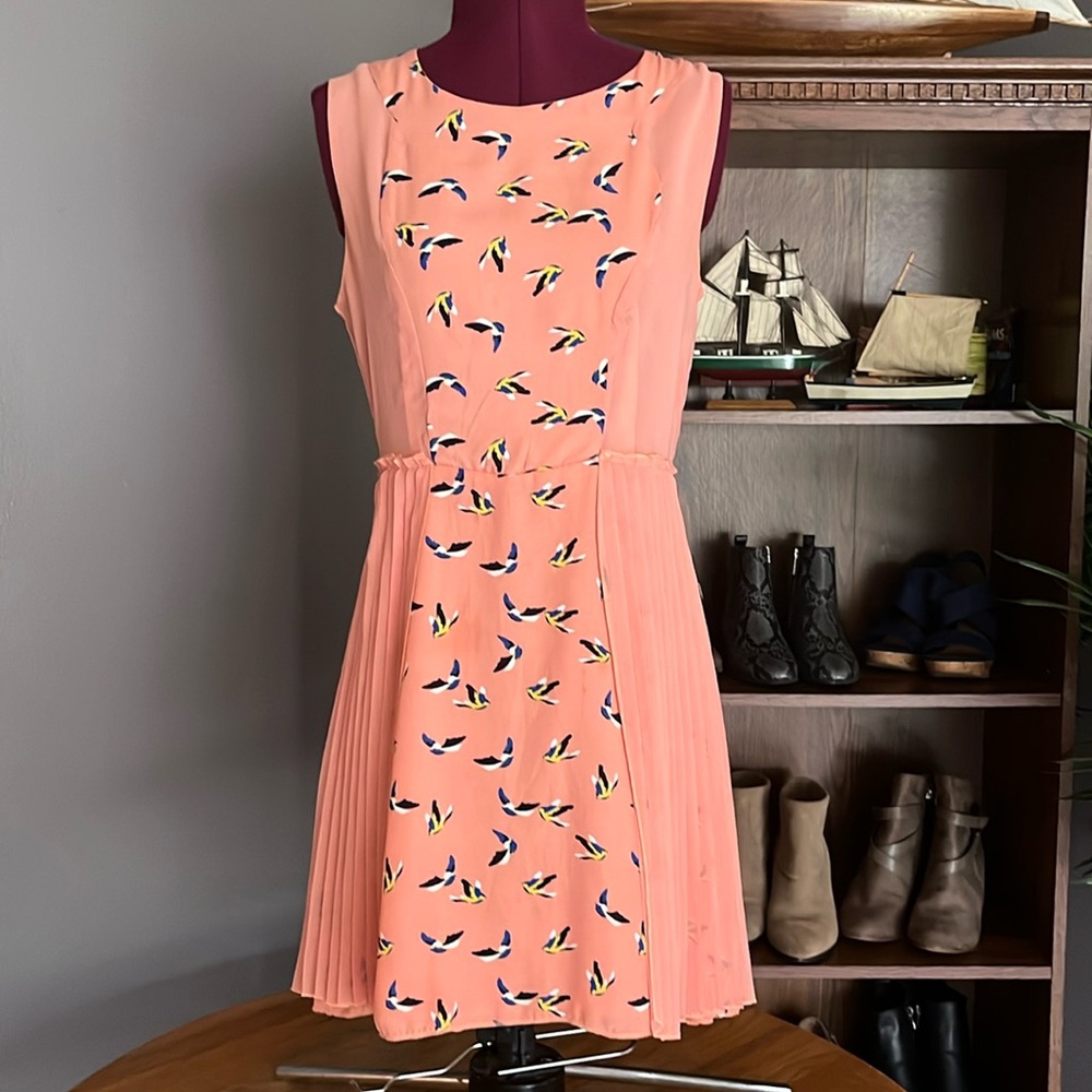 Peach Sleeveless Dress with Bird Print